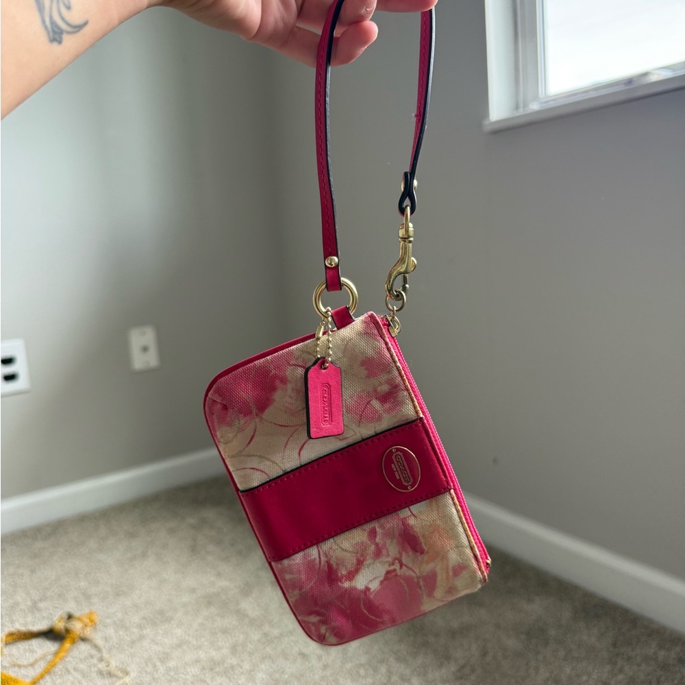 Coach Red and Cream Floral Wristlet